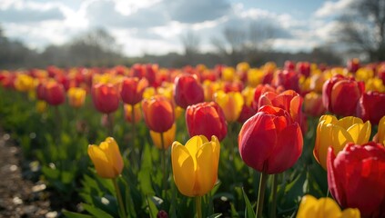 Vivid tulips in full bloom create a vibrant garden scene for landscape aesthetics, Earth Day