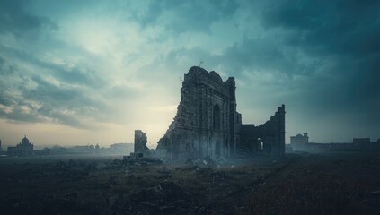 Obraz premium War-torn urban landscape with crumbling buildings, highlighting conflict and destruction