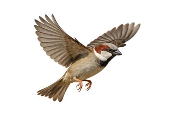 Obraz premium Picture of a house sparrow airborne with white background