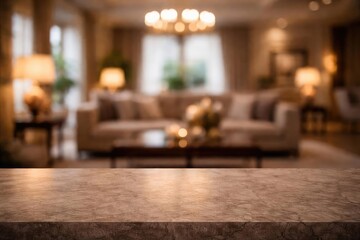 Blurred luxury living room scene with stone table top and warm light for background use