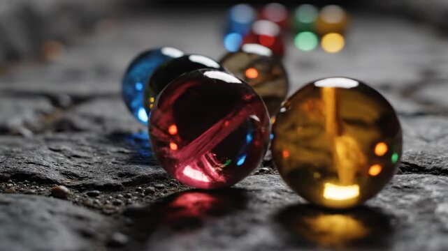 Extremely slow motion close-up of glowing colorful orbs rolling across a coarse textured stone path indicating complex project progression high quality, technology abstract, close-up