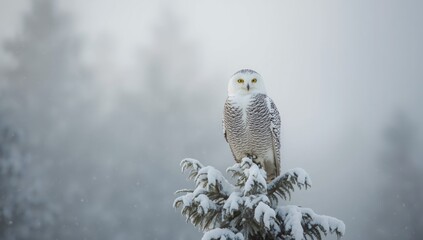 Snowy owl resting amidst tree branches during winter in Saskatchewan, highlighting avian adaptation to cold environments