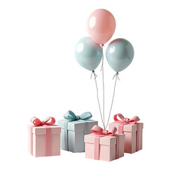 Colorful Birthday Gifts with Balloons for a Joyful Celebration on transparent background