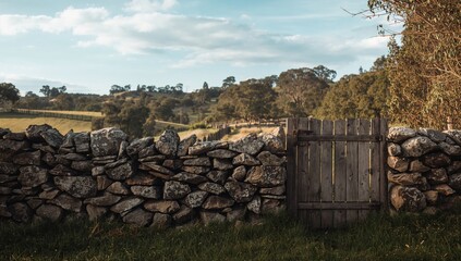Rustic stone fence and weathered wooden gate across a rural landscape, highlighting traditional country architecture