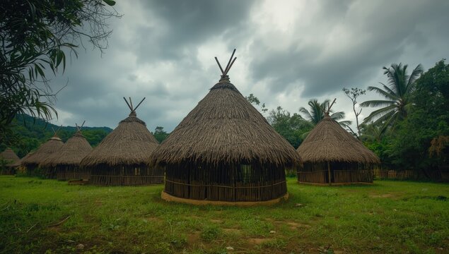 Traditional Wae Rebo Village thatched huts with rainforest and overcast sky, rural architecture focus