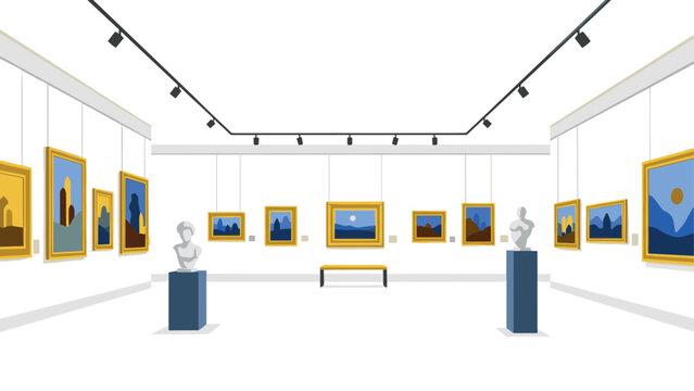Contemporary art gallery with framed paintings and sculptures in a modern minimalist setting