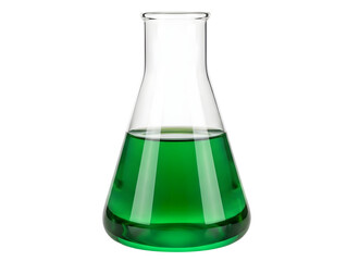 Glass laboratory flask with green liquid inside for science experiments transparent background