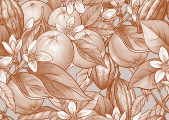Oranges, cacao pods, and blossoms seamless botanical pattern. Hand-drawn fruits, botanical branches, leaves, flowers for vintage textile, wallpaper, kitchen, and food design. 
