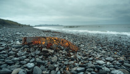 Corroded metal fragment resting among stones on a beach, highlighting weathering effects