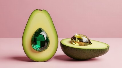 Close Up Of Two Halves Of An Avocado With Emerald And Yellow Gemstones Replacing The Pit On A Pink Background