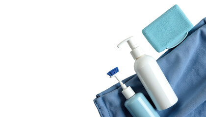 Aesthetic Arrangement of Skincare Products on Soft Blue Towels in a Relaxing Setting on transparent background