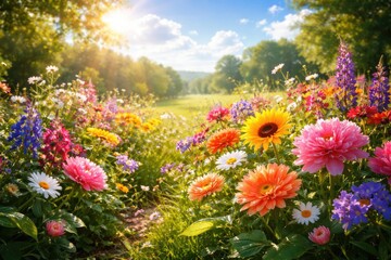 Obraz premium Fresh flowers glowing joyfully amidst thriving green nature under a bright open sky