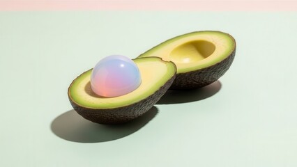 Fresh Ripe Avocado Halved With A Pearlescent Orb Centered On A Pastel Teal And Pink Surface