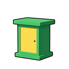 Green wooden cabinet with a yellow door