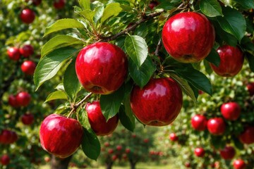 Obraz premium Glossy ripe apples hanging from dense orchard tree foliage