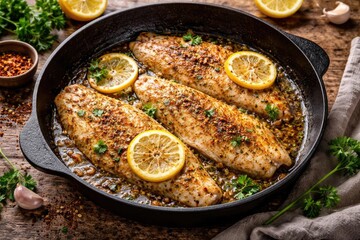 Juicy pangasius fish fillets cooked with ground spices and lemon slices sizzling in a frying pan over textured wood