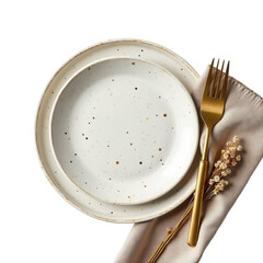 Elegant White Dinner Plates with Gold Cutlery on Soft Fabric Napkin in a Minimalist Setting on transparent background
