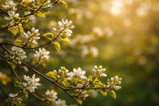Natural close up texture background of serviceberry branches blooming in spring with young leaves and buds plus copy space