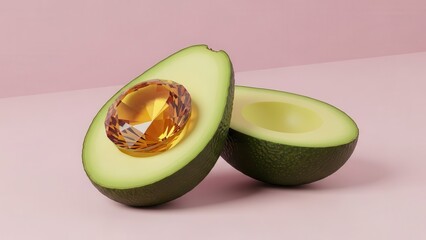 Green Avocado Halved With Golden Jewel Inside Studio Lighting Soft Pink Background