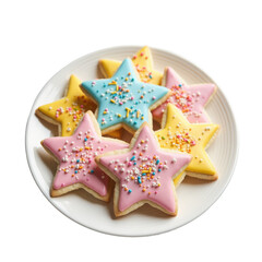 Colorful Star-Shaped Cookies with Icing and Sprinkles on a Plate on transparent background