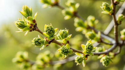 Close-up of young green buds and fresh leaves starting to bloom on a tree branch in spring. Macro shot representing nature awakening, growth, seasonal change, and hope in a soft blurred background.