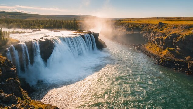 Waterfall cascading down basalt cliffs in the Taimyr region, seasonal change