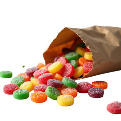 Colorful Assorted Candy Spilling from a Brown Paper Bag on White Background on transparent background