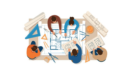 Collaborative architectural planning with engineers and blueprints