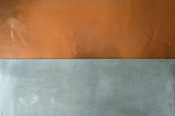 Copper and aluminum metal textures side by side. Neutral left lighting. Copy space.