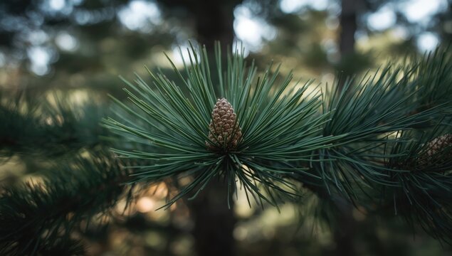 Close-up of Scots pine showing ripe pollen cones, highlighting reproductive phase, seasonal cycle