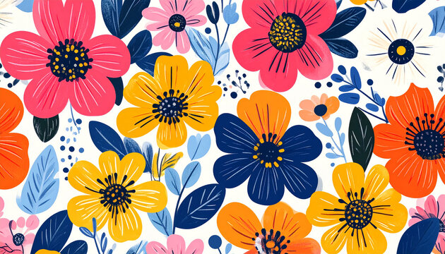Hand drawn seamless floral pattern, bright botanical spring design, abstract flowers, colorful bloom