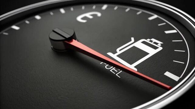 Close-up shot of a fuel gauge showing a low fuel level, indicating a need for refueling