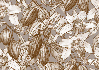 Chocolate and vanilla elements seamless pattern. Hand-drawn botanical illustration of vanilla orchids and cocoa pods in a vintage style, designed for textile, wallpaper, kitchen, and culinary projects