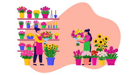 Obraz premium Two People Arranging Colorful Flower Pots Indoors.