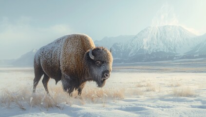 Side profile of a snow-dusted bison in a cold environment, highlighting natural adaptation