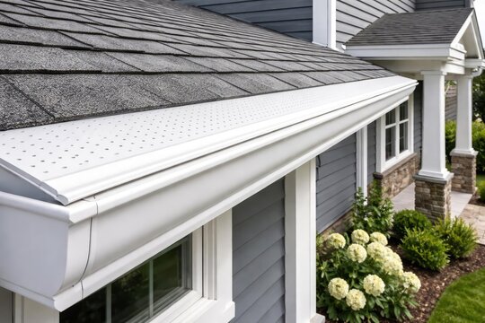 American home gutter protection system featuring white guards and soffit
