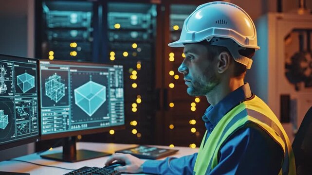 Engineer at Work: An engineer, clad in a hard hat and safety vest, meticulously analyzes intricate designs on a computer screen within a modern, technologically advanced control room.