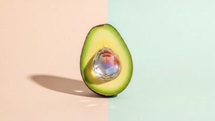 Half Avocado with a Large Jewel Inside on a Pastel Background With Shadows
