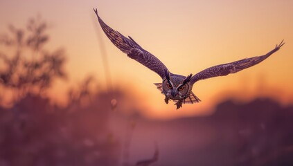 Fototapeta premium Long-eared owl gliding at dusk, highlighting avian hunting techniques, predator stance, raptor in motion, wildlife observation
