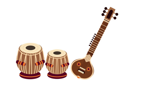Traditional indian music instruments featuring sitar and tabla set