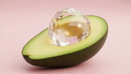 Half Avocado With Faceted Gemstone Center On Pastel Pink Background Soft Lighting