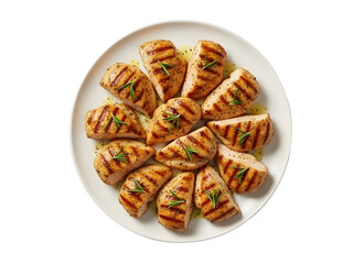 Grilled chicken breast pieces on a white plate with herbs and oil transparent background