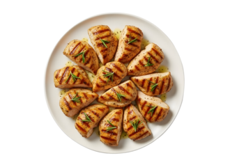 Grilled chicken breast pieces on a white plate with herbs and oil transparent background