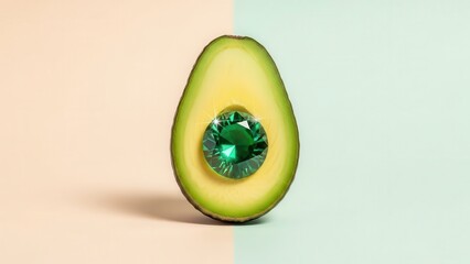 Halved Avocado With Emerald Jewel Center Against Pastel Split Background