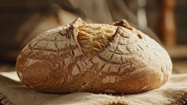 Extremely slow motion close-up of subtle steam rising from the golden crust of freshly baked sourdough bread resting on rough linen fabric crust, kitchen, baking