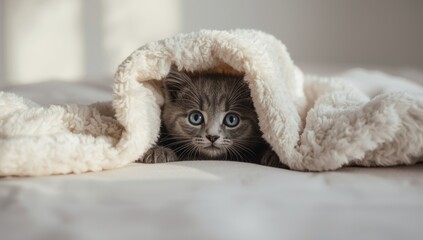 Adorable kitten partially hidden under a blanket on a bed, highlighting relaxation and rest, National Cat Day