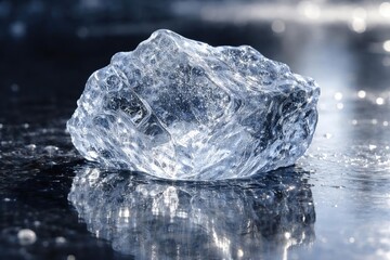 Obraz premium Natural transparent ice chunk with detailed frosty surface on polished reflective ground