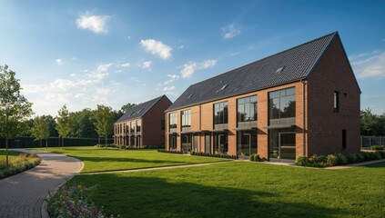 Obraz premium Series of contemporary homes in a row, urban housing design, Earth Day