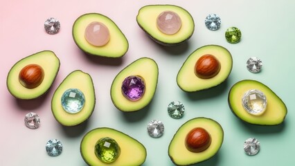 Sliced Avocados With Colorful Gemstones Scattered on a Gradient Background