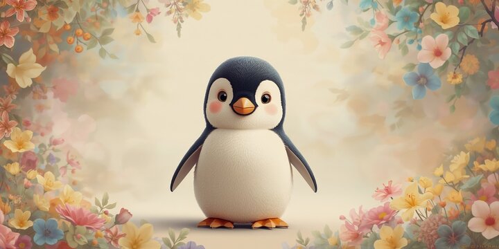 Charming penguin sketch with a background of blooming flowers, ideal for spring-themed designs